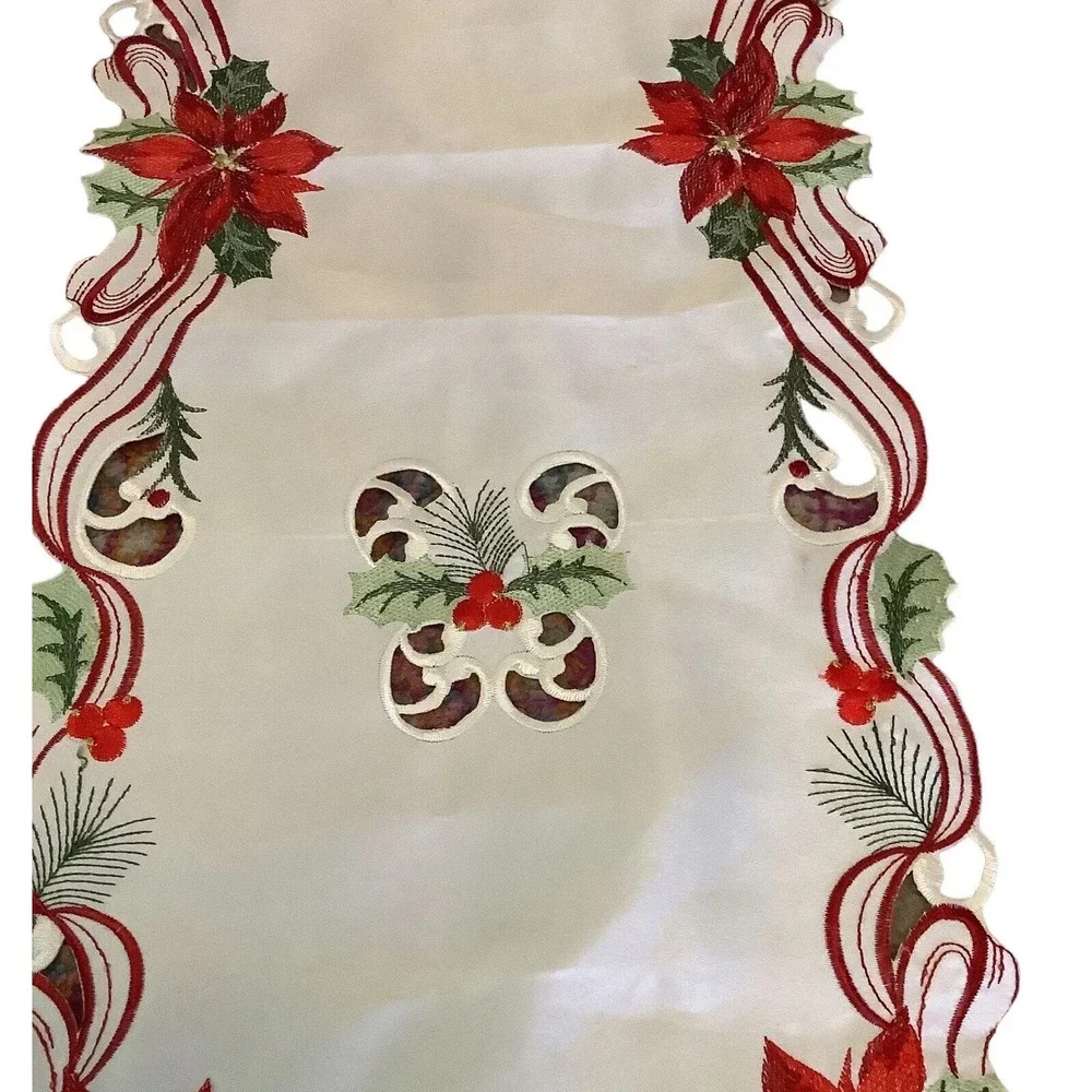 Christmas Table Runner 67x13 Poinsettia Holly Embroidered Cutwork Ivory Red